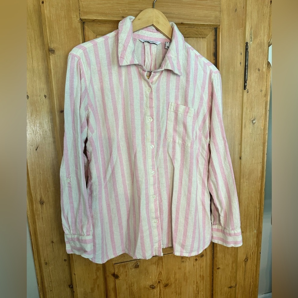Isaac Mizrahi Live! Pink & White Linen Striped Button-Up Shirt Sz Med